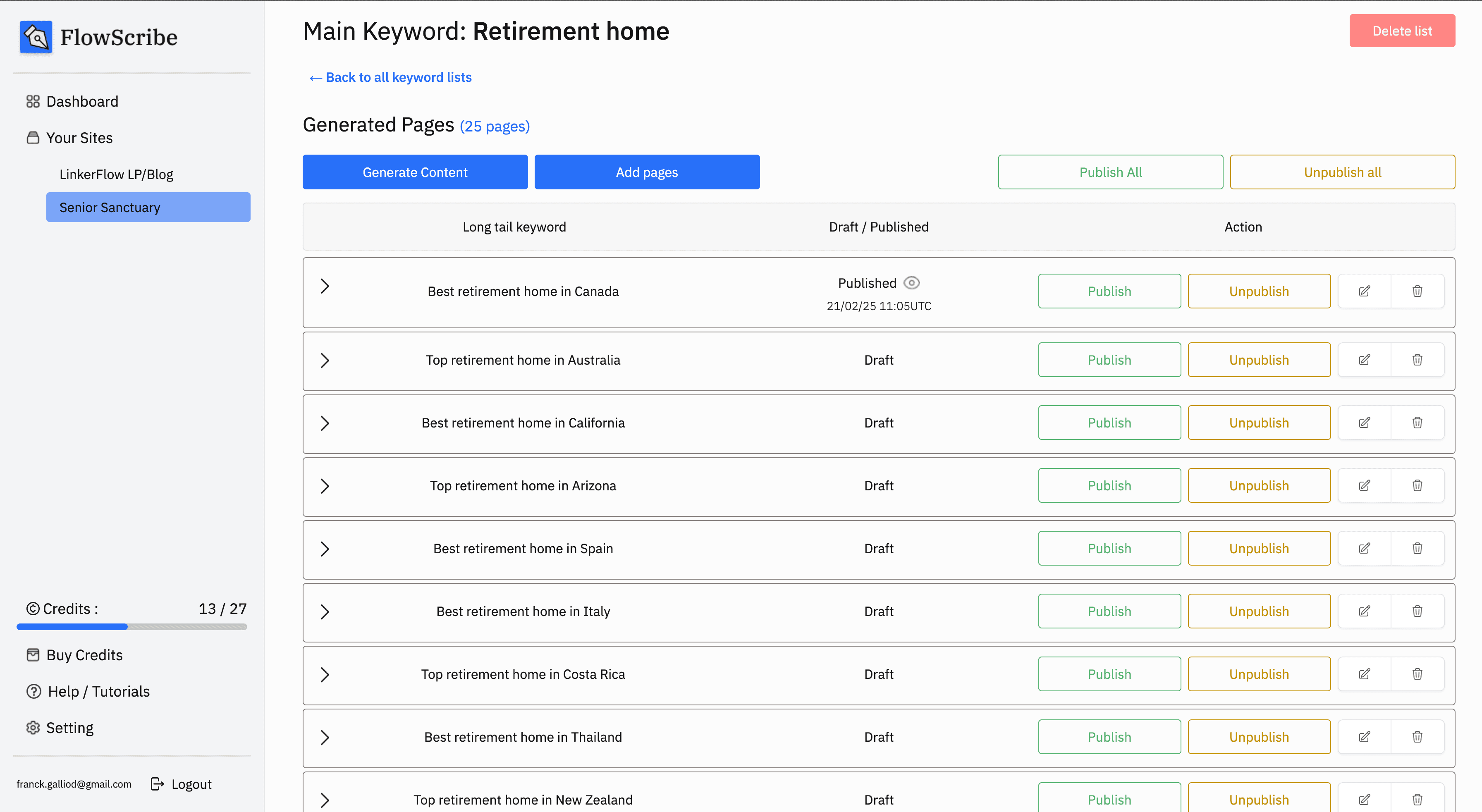 Keyword list view with content ready to be generated
