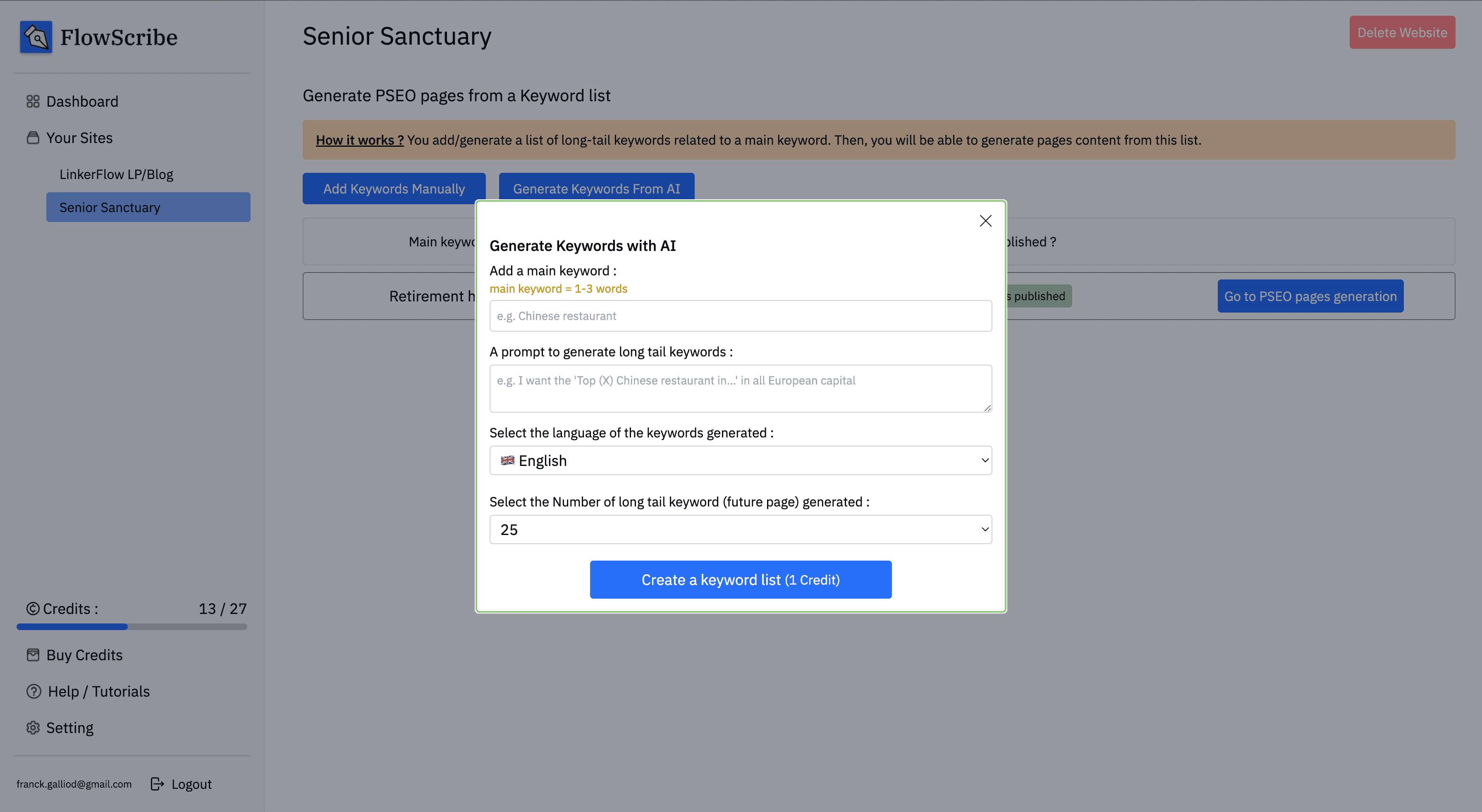 keyword generation view with modal