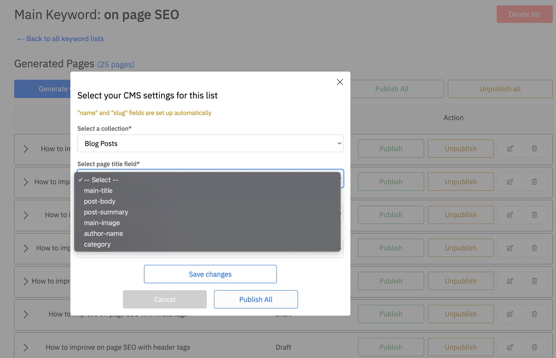 Content generated for each pages, ready to be published